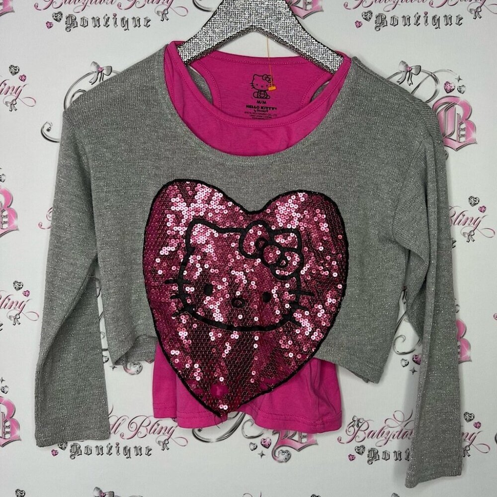 Hello kitty sparkly top long sleeve tank top underneath sequin heart front y2k